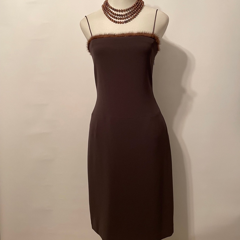 Tahari Striking Mink trimmed Spaghetti Strap Dress - Picture 2 of 13